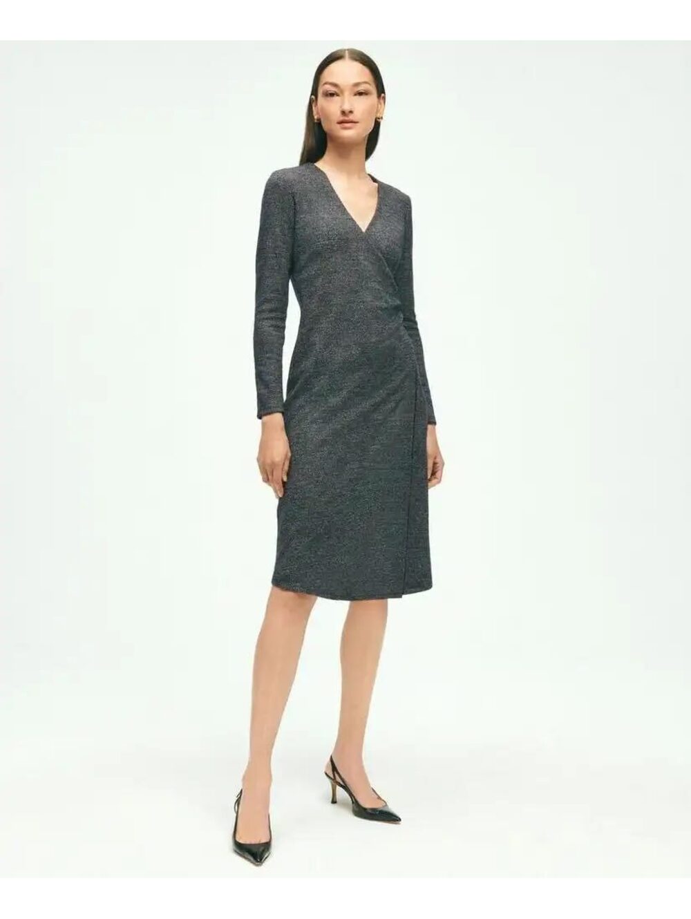 Brooks Brothers Women's Faux-Wrap Wool Blend Midi Dress V-Neck Long Sleeve S